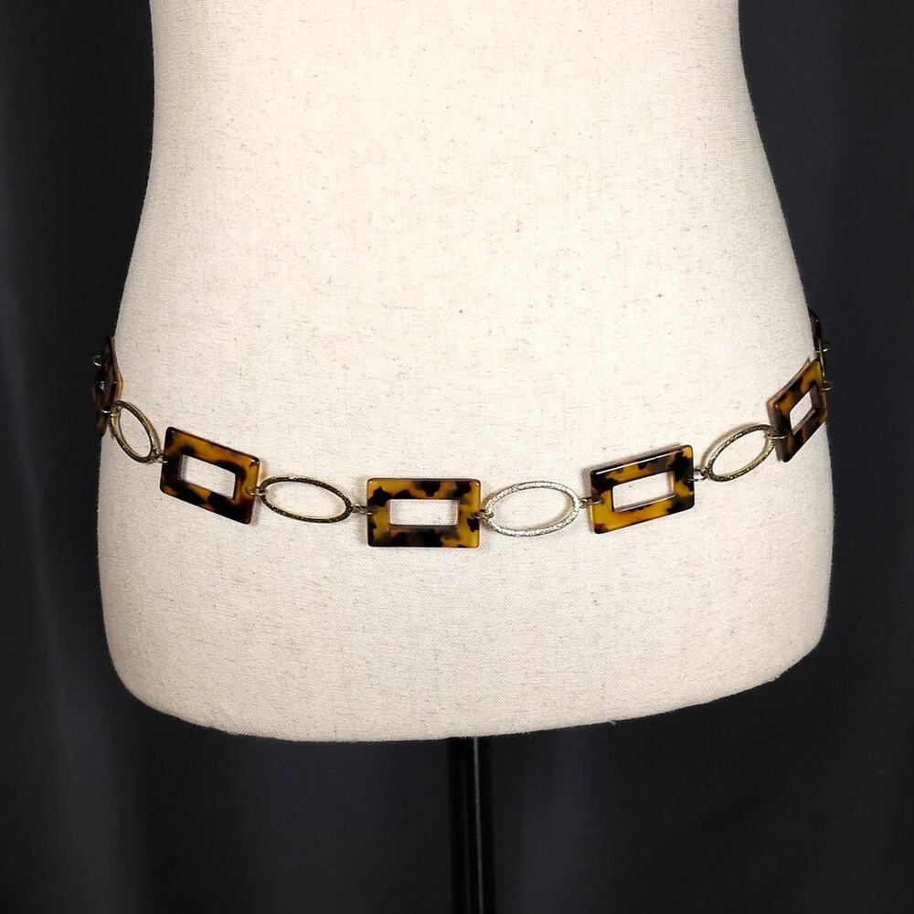 Vintage Belly Waist Chain Geometric Metal Plastic Tortoiseshell Belt 28in-36in